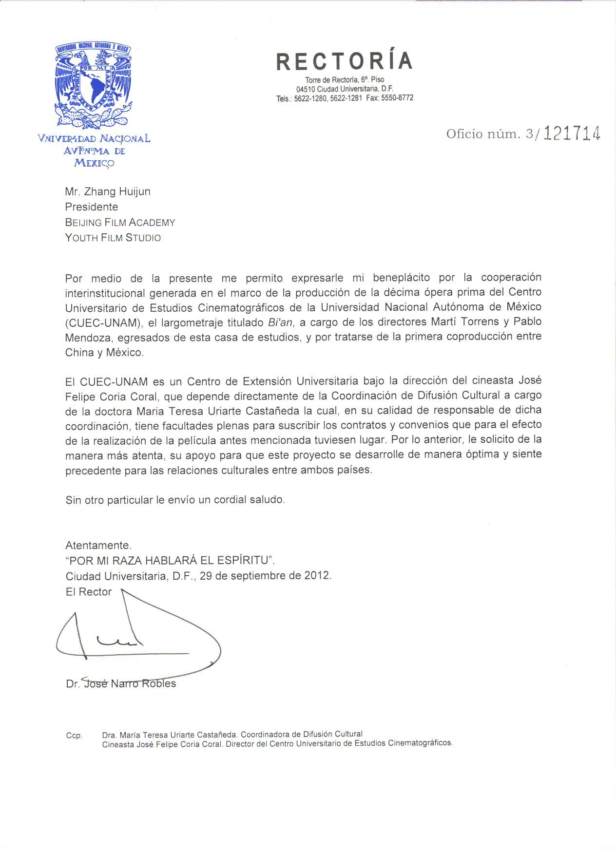 Carta del Rector de la UNAM a la BFA / 29 de septiembre 